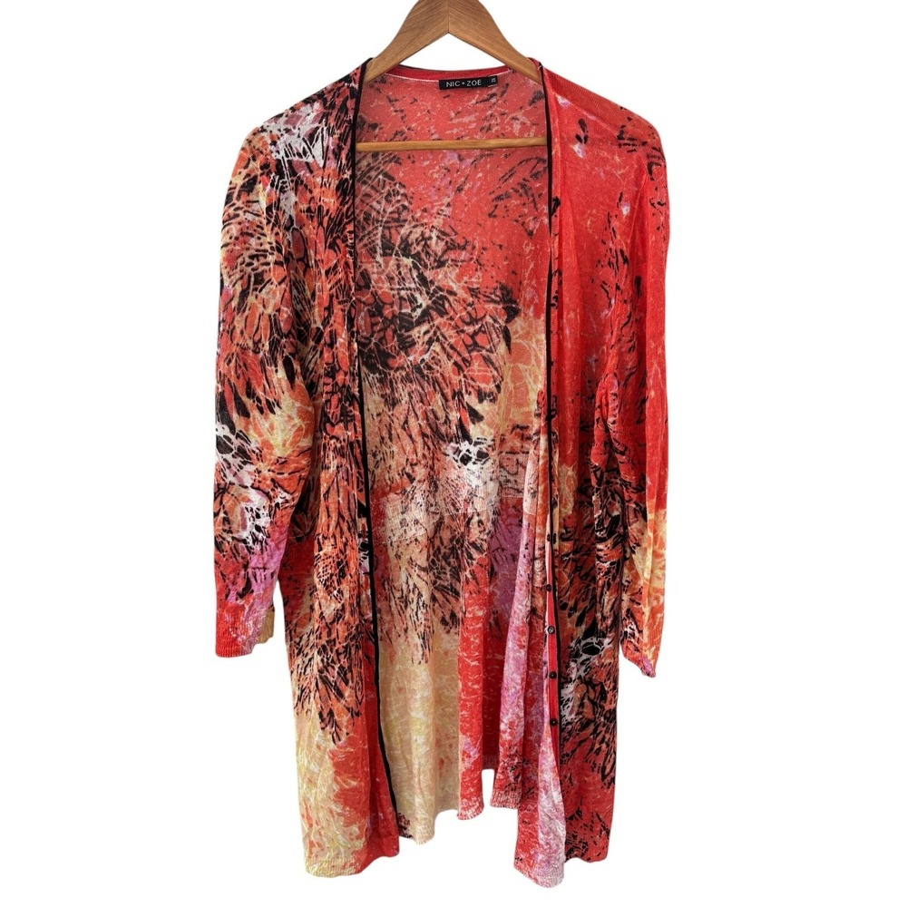 NIC+ZOE Floral Linen Open Cardigan Sweater Womens 2X Button Up Lagenlook
